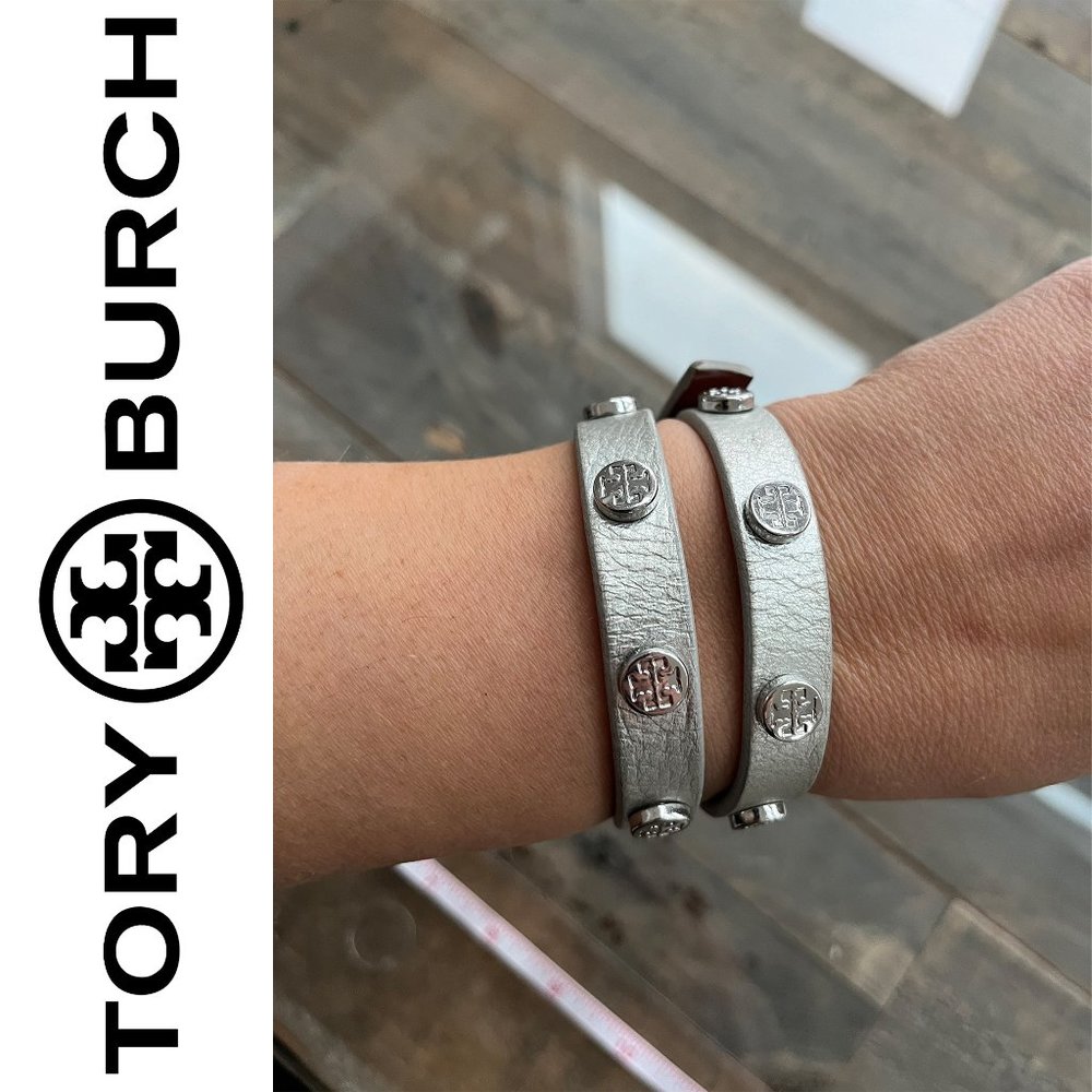 OBO. Tory Burch. Double-wrap Logo Stud Bracelet. Silver